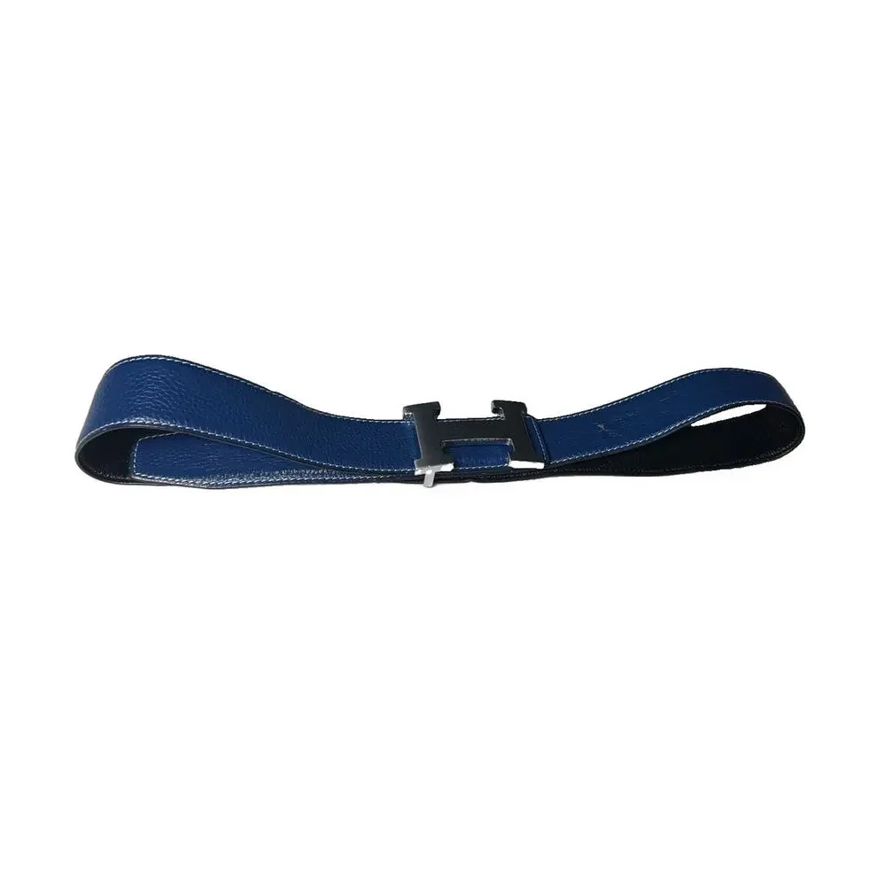 Hermes Blue / Black Reversible Belt with Silver H Buckle Sz 40 Leather Damaged